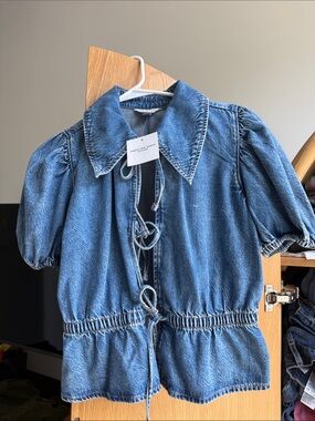 American Eagle Outfitters Blue Denim Puff-Sleeve Jacket with Tie Front